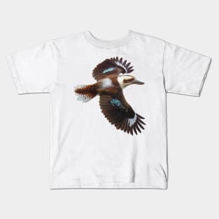Flying Kookaburra, an Australian icon. Flashing it’s blue plumage, realistically illustrated. Kids T-Shirt